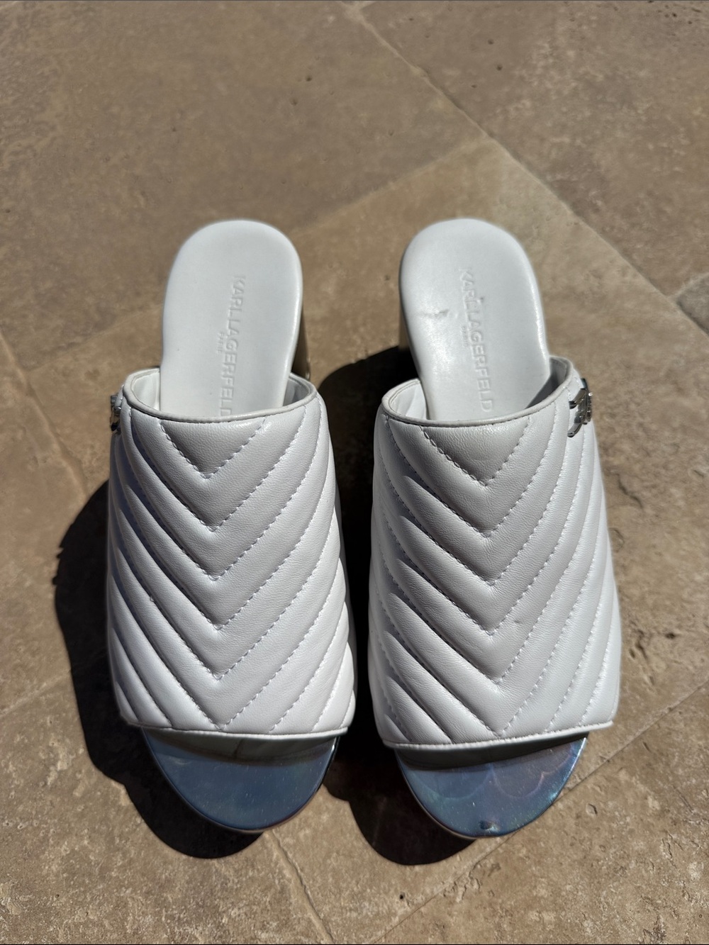 Karl Lagerfeld White Quilted Chevron Slide Mules